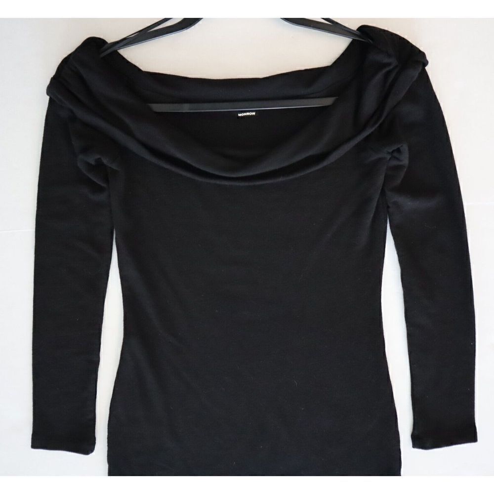 Monrow Women's Sz Small Black Off Shoulder Long Sleeve Mini Dress - Picture 5 of 8
